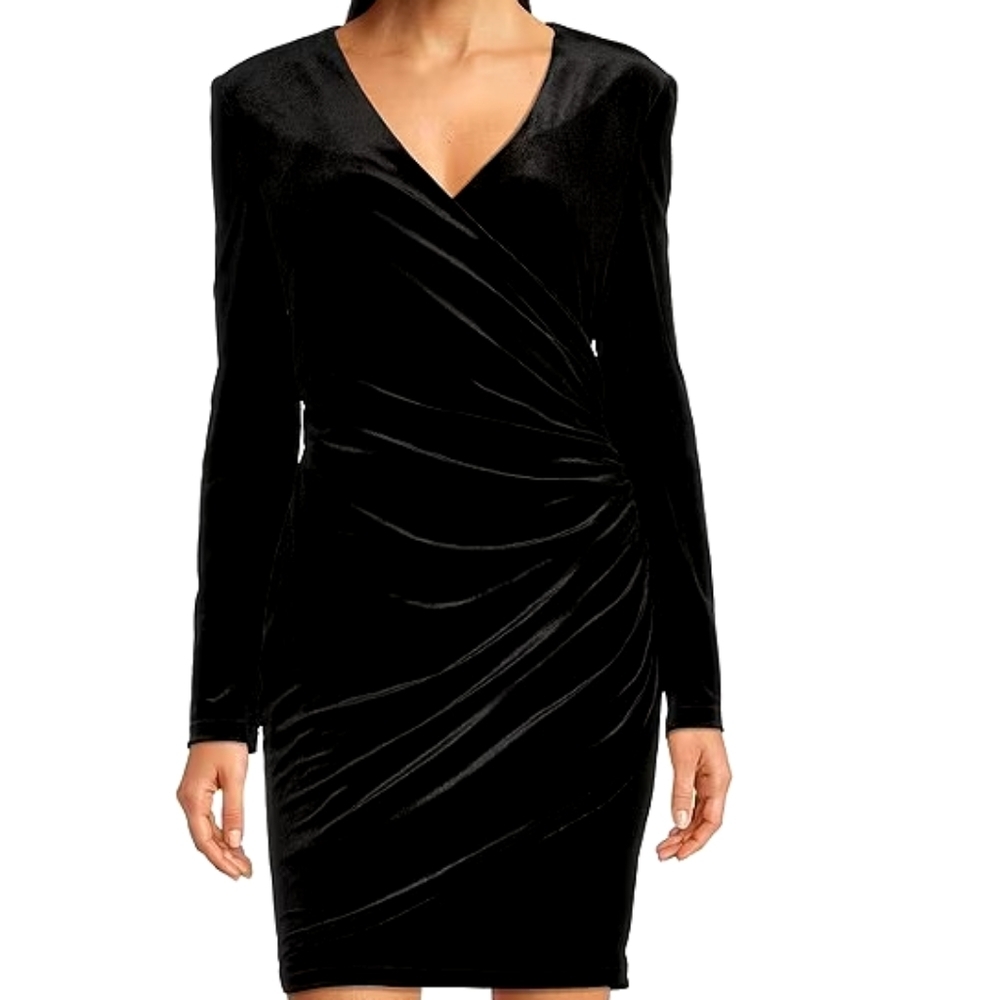 Alex Marie Nikki Stretch Velvet Surplice V-Neck Long Sleeve Ruched Dress…